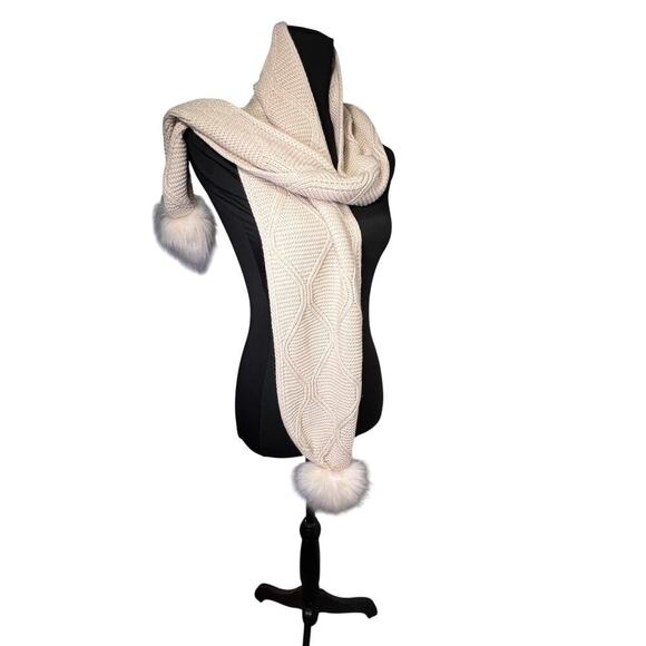 Womens Waffle Knit Faux Fur Pom-Pom Y2K Cream Soft Cozy Winter Shawl/Scarf - Picture 3 of 7
